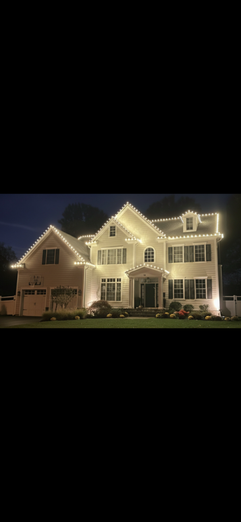 Short Hills NJ home with peaked roofline C9 lights and lit garden beds at night