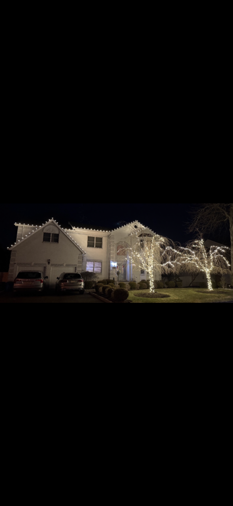 Short Hills NJ home with roofline C9 lights and two brightly wrapped front yard trees