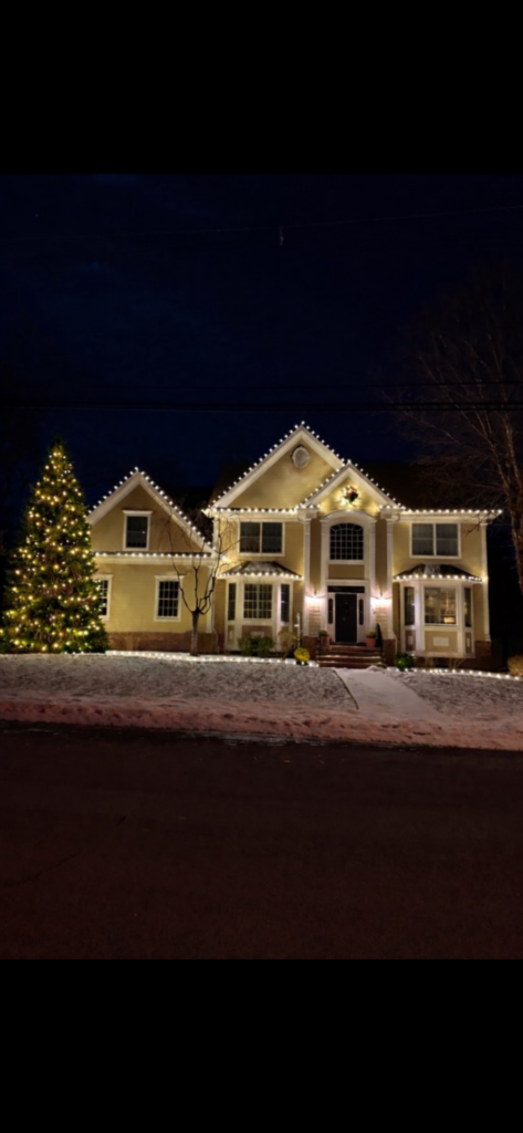 Short Hills NJ home with roofline lights and a fully lit Christmas tree on the snowy lawn